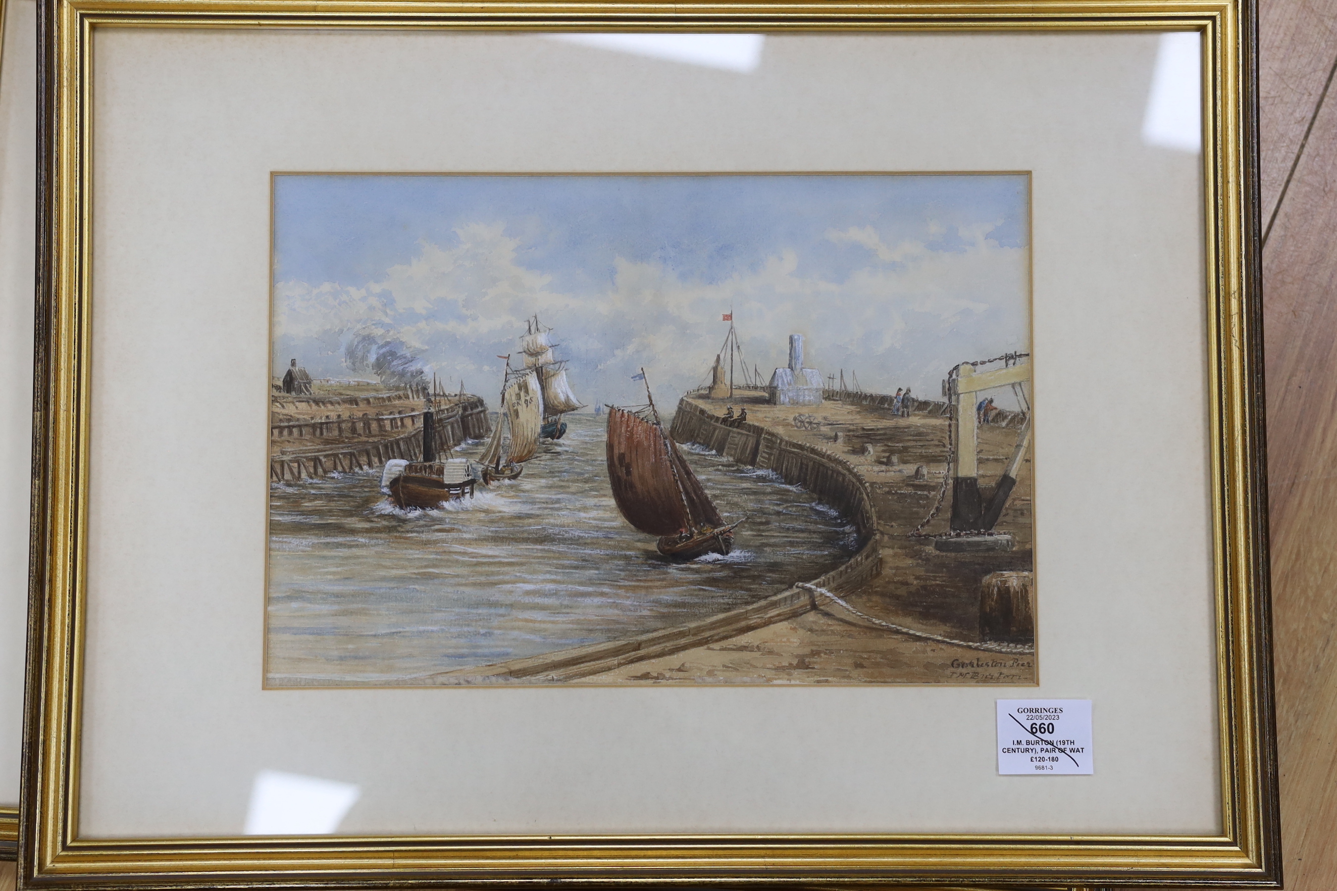 I.M. Burton (19th century), pair of watercolours, 'Gorleston' and 'Gorleston Pier', signed, one dated 1880, 22 x 32cm, and J.M. Burton (19th century), two watercolours, 'Ruined castle' and 'Abbey', signed and dated 1880,